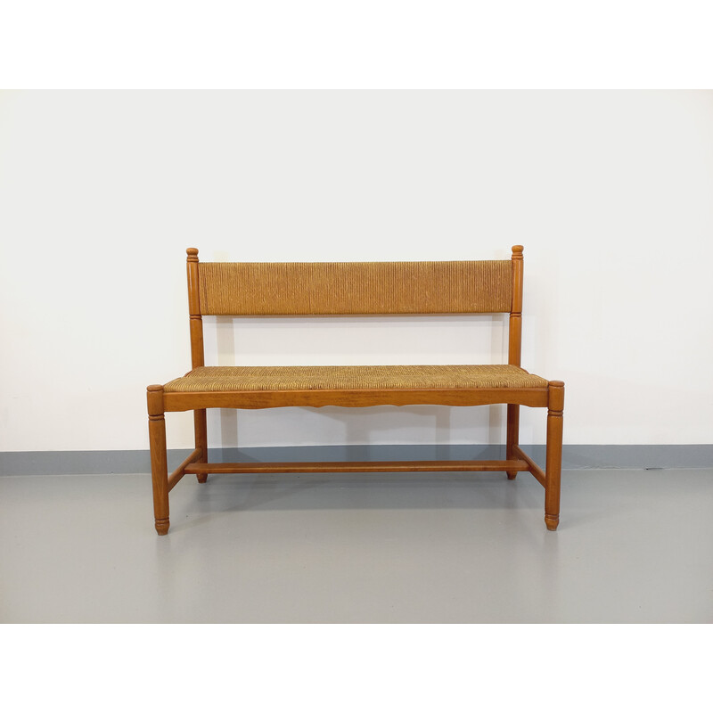 Vintage bench in beech and straw, 1960