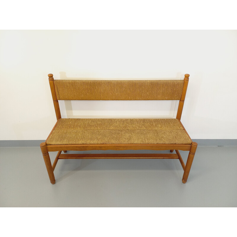 Vintage bench in beech and straw, 1960