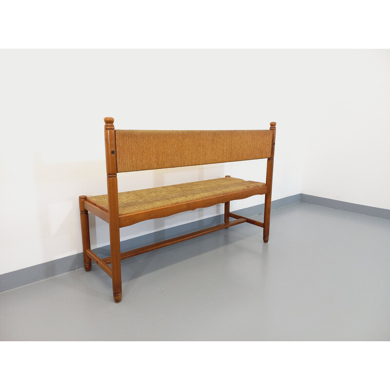 Vintage bench in beech and straw, 1960