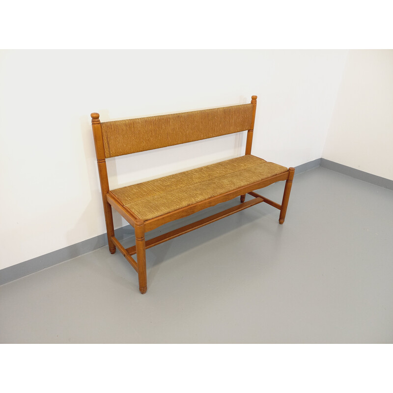 Vintage bench in beech and straw, 1960