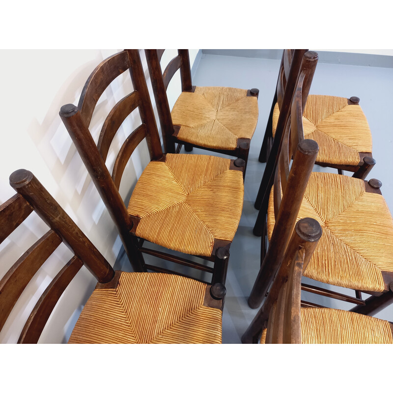 Set of 6 vintage wooden and straw chairs by Georges Robert, 1960