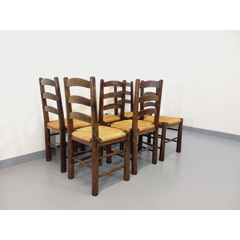 Ensemble de 6 chaises vintage en bois et paille par Georges Robert, 1960