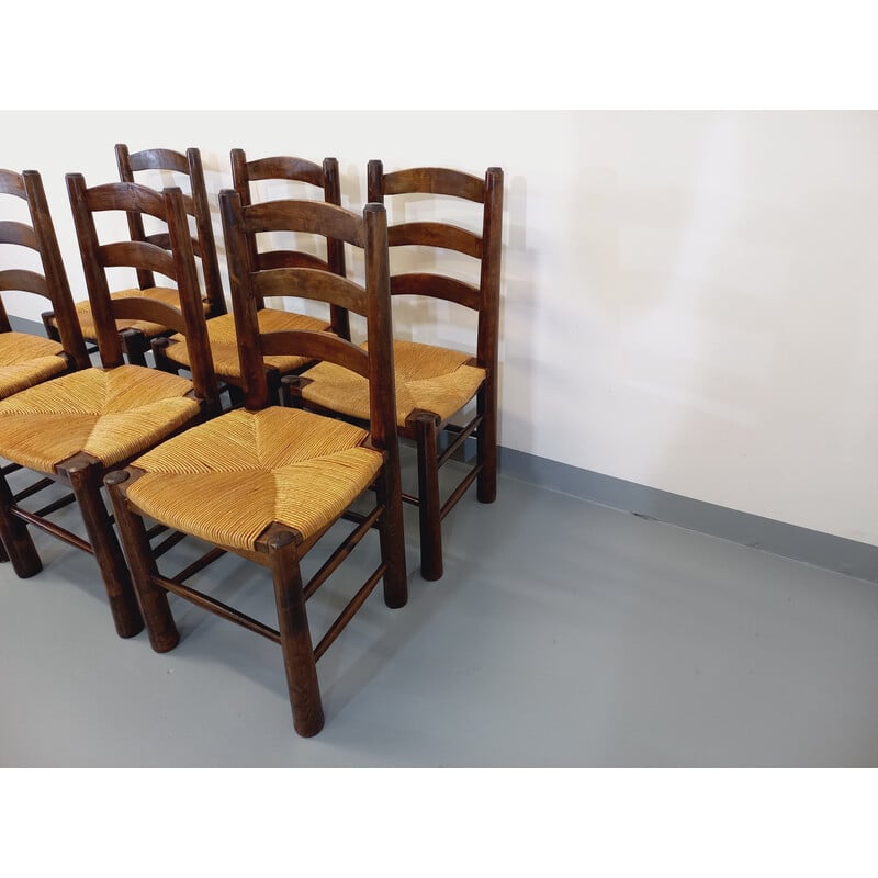 Ensemble de 6 chaises vintage en bois et paille par Georges Robert, 1960