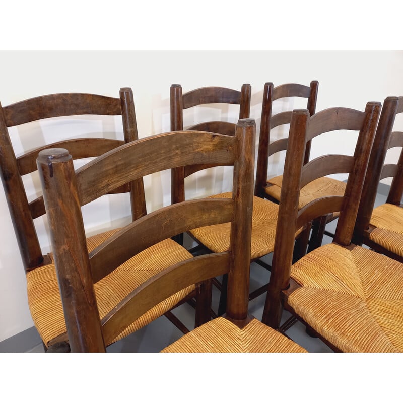 Ensemble de 6 chaises vintage en bois et paille par Georges Robert, 1960