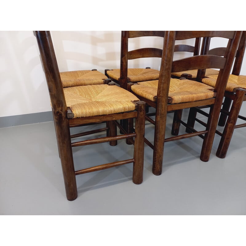 Ensemble de 6 chaises vintage en bois et paille par Georges Robert, 1960