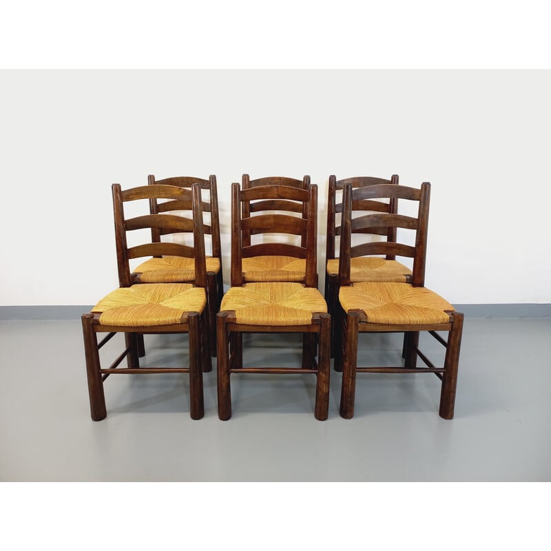 Ensemble de 6 chaises vintage en bois et paille par Georges Robert, 1960