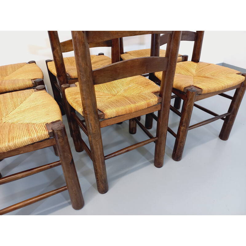 Ensemble de 6 chaises vintage en bois et paille par Georges Robert, 1960