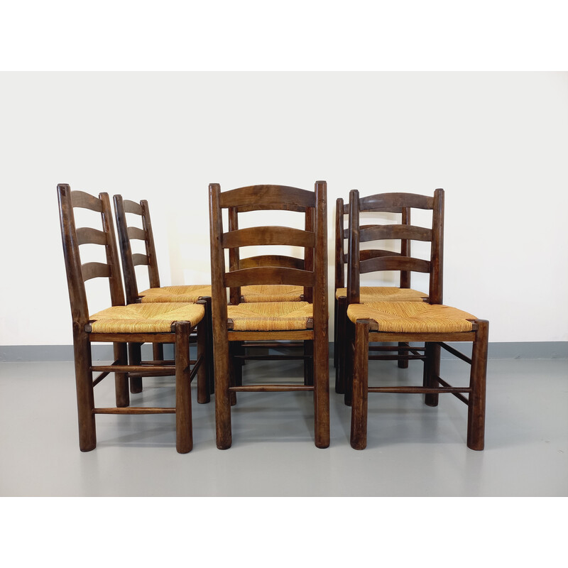 Ensemble de 6 chaises vintage en bois et paille par Georges Robert, 1960