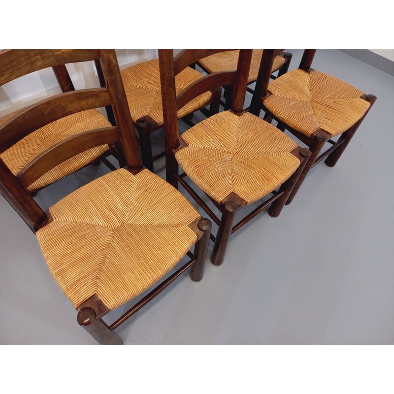 Set of 6 vintage wooden and straw chairs by Georges Robert, 1960