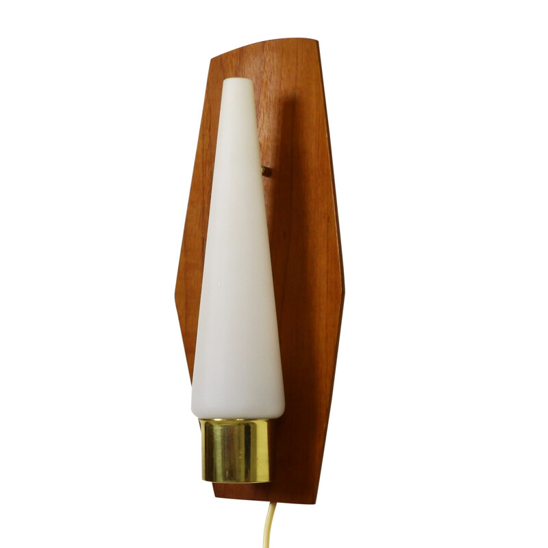 Scandinavian wall lamp with milk glass and teak - 1960s