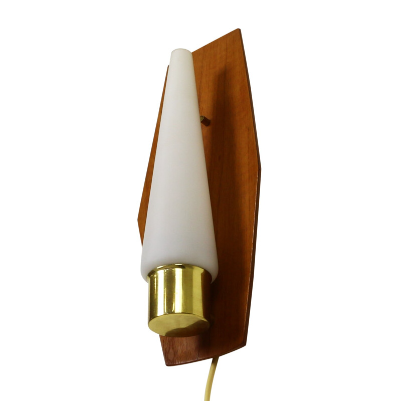 Scandinavian wall lamp with milk glass and teak - 1960s