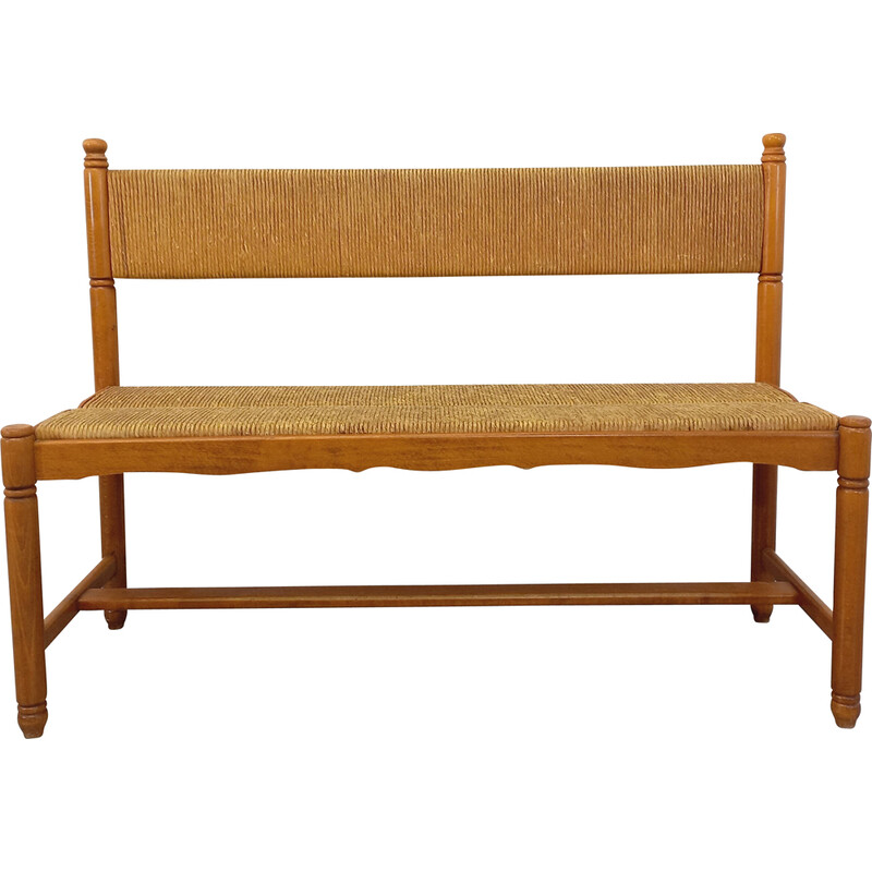 Vintage bench in beech and straw, 1960