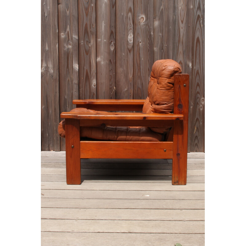 Paire de fauteuils vintage en pin et cuir