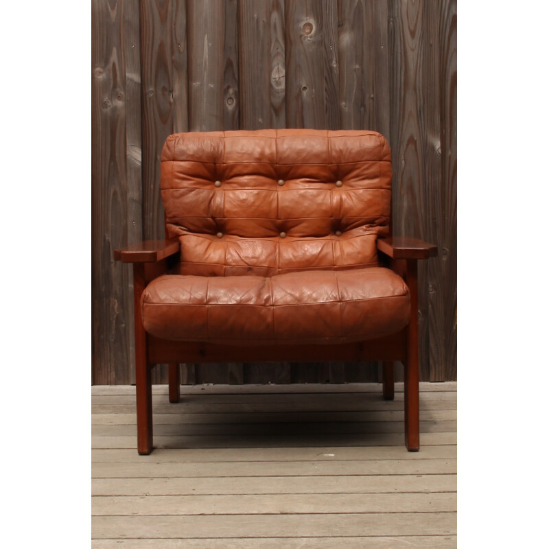 Paire de fauteuils vintage en pin et cuir