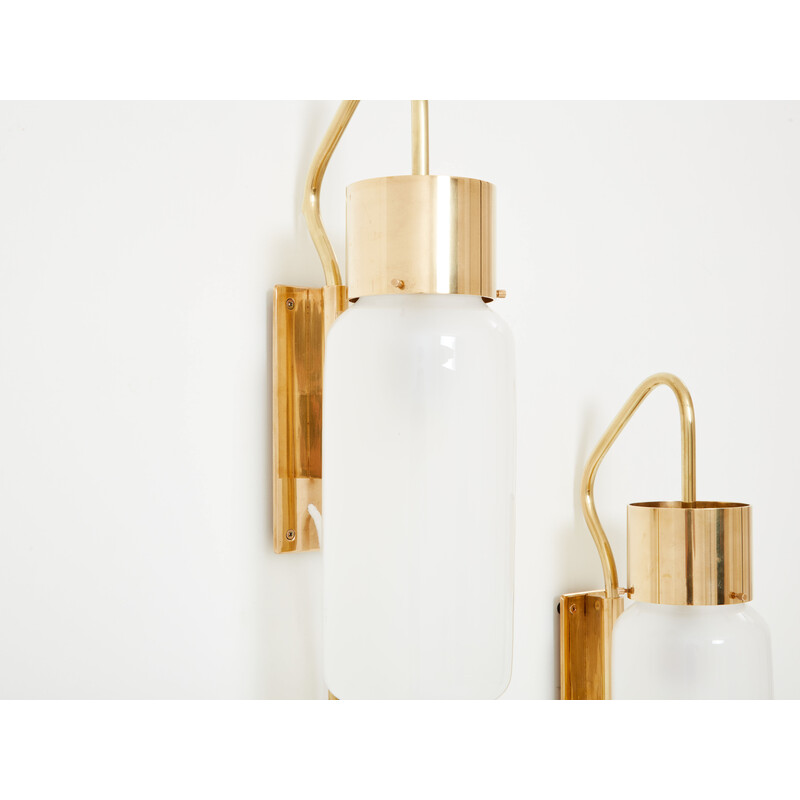 Pair of vintage Lp 10 sconces in brass and opaline glass by Luigi Caccia Dominioni for Azucena Editor, 1970