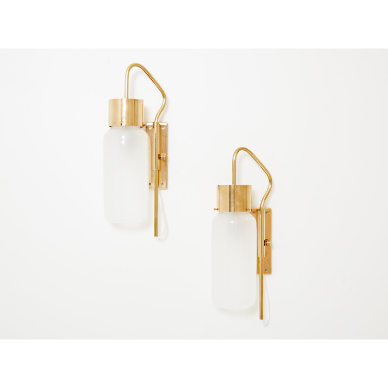 Pair of vintage Lp 10 sconces in brass and opaline glass by Luigi Caccia Dominioni for Azucena Editor, 1970