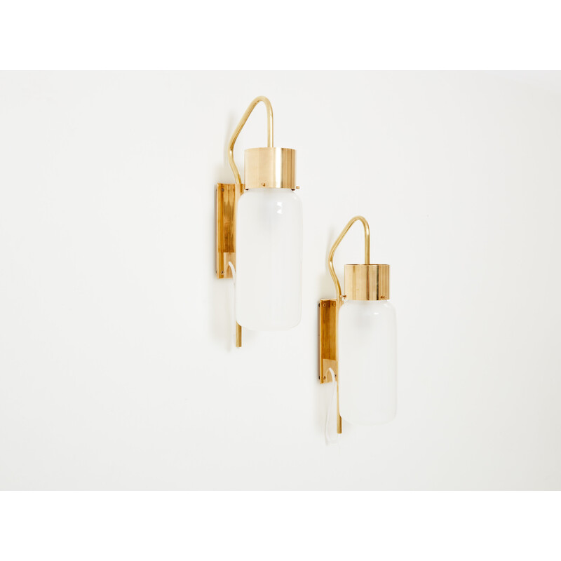 Pair of vintage Lp 10 sconces in brass and opaline glass by Luigi Caccia Dominioni for Azucena Editor, 1970