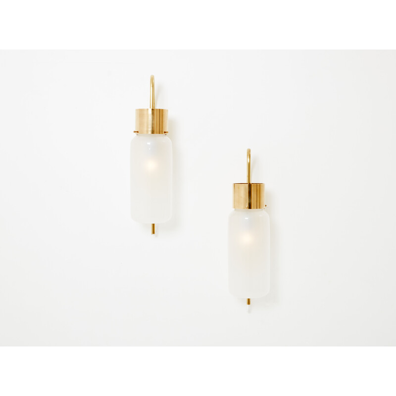 Pair of vintage Lp 10 sconces in brass and opaline glass by Luigi Caccia Dominioni for Azucena Editor, 1970