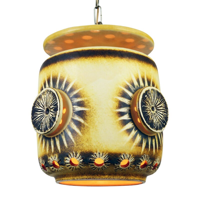 Yellow star decor ceramic pendant lamp - 1960s