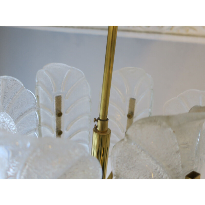 Vintage chandelier with 6 acanthus leaves in brass and glass by Carl Fagerlund, Sweden 1960
