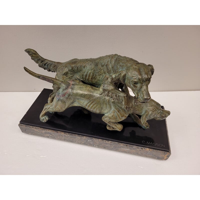 Vintage sculpture representing 2 dogs in bronze and marble by Clovis Edmond Massonn, France 1930