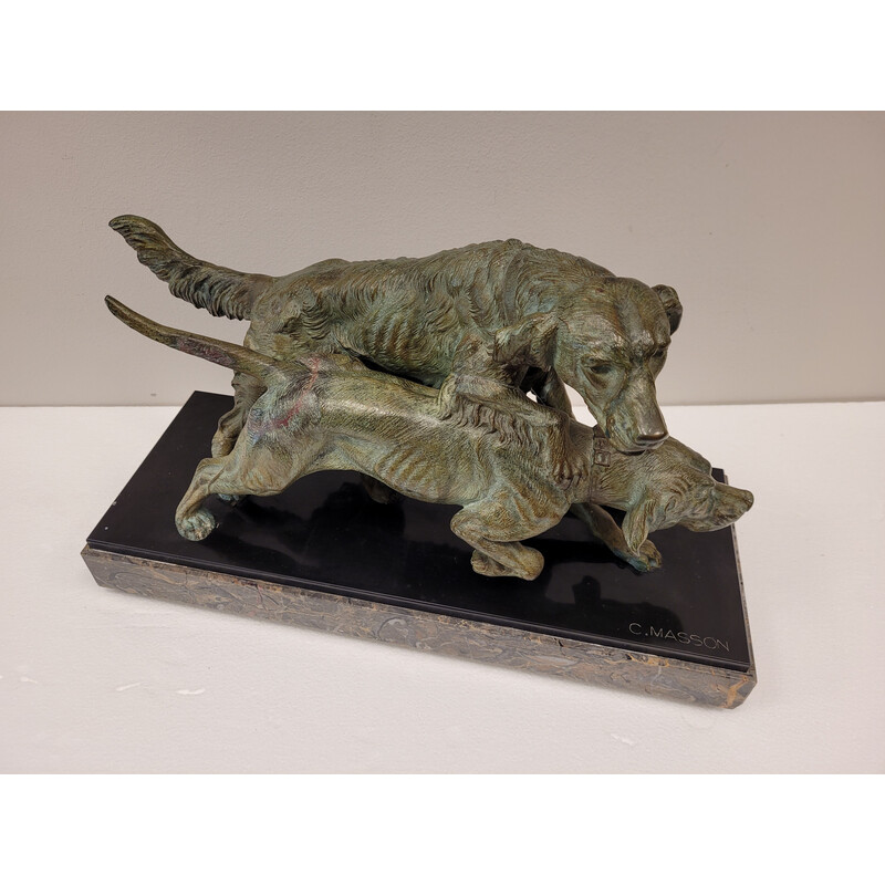 Vintage-Skulptur, die 2 Hunde in Bronze und Marmor von Clovis Edmond Massonn, Frankreich 1930