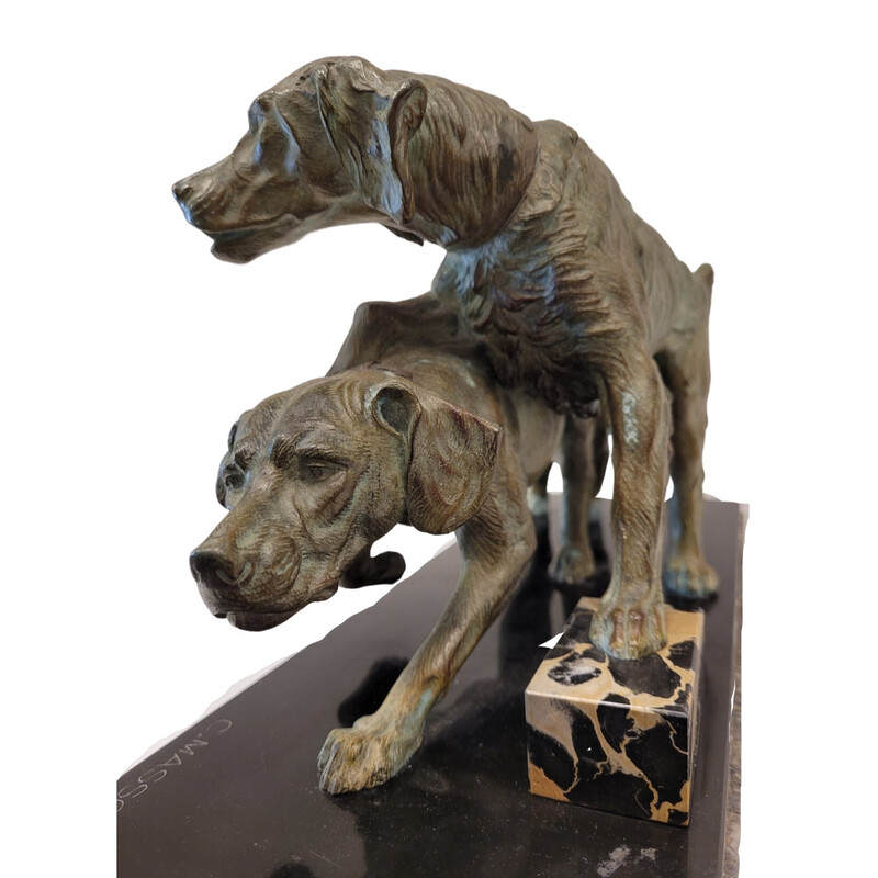 Vintage-Skulptur, die 2 Hunde in Bronze und Marmor von Clovis Edmond Massonn, Frankreich 1930