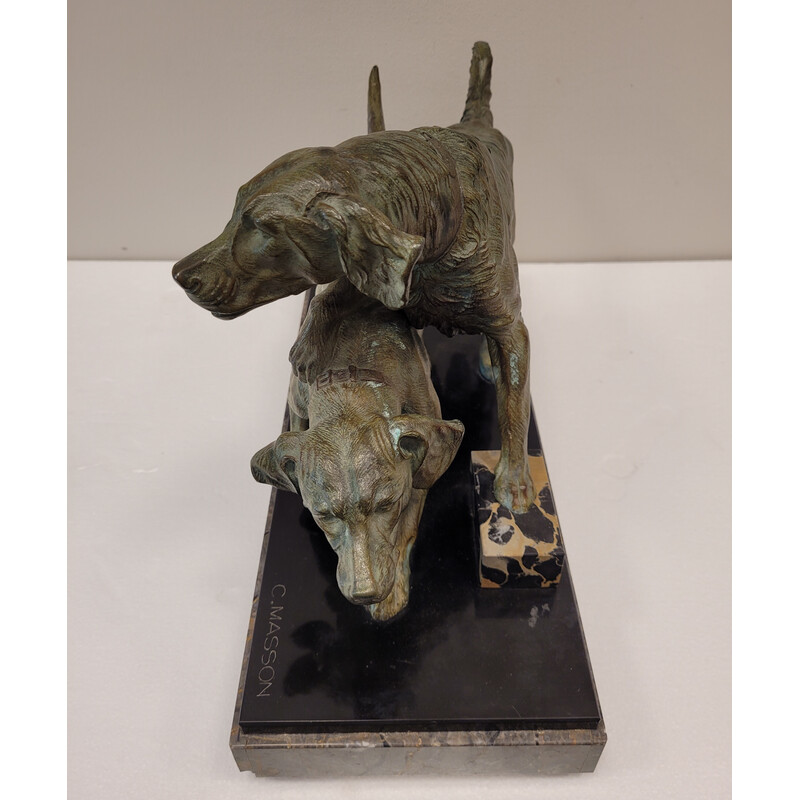 Vintage sculpture representing 2 dogs in bronze and marble by Clovis Edmond Massonn, France 1930