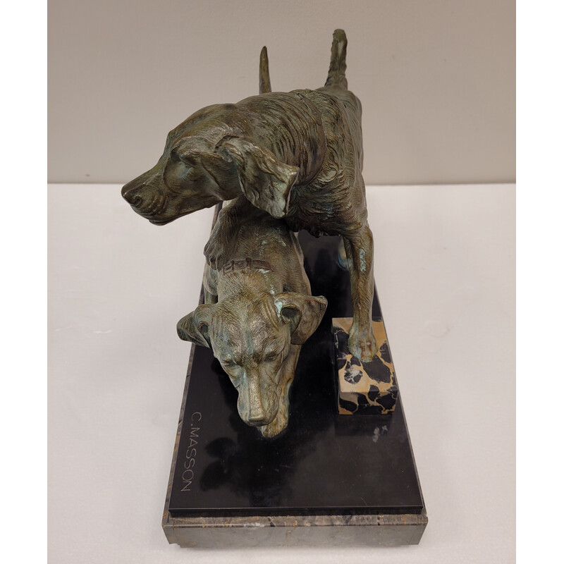 Vintage sculptuur voorstellende 2 honden in brons en marmer door Clovis Edmond Massonn, Frankrijk 1930