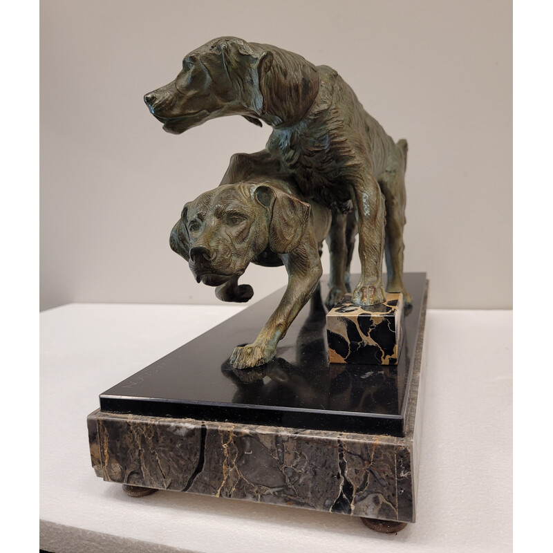 Vintage sculpture representing 2 dogs in bronze and marble by Clovis Edmond Massonn, France 1930