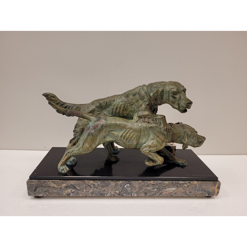Vintage sculptuur voorstellende 2 honden in brons en marmer door Clovis Edmond Massonn, Frankrijk 1930