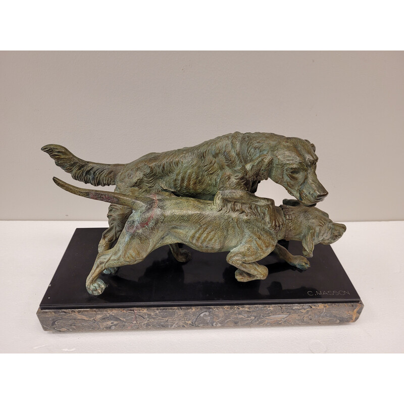 Vintage sculpture representing 2 dogs in bronze and marble by Clovis Edmond Massonn, France 1930