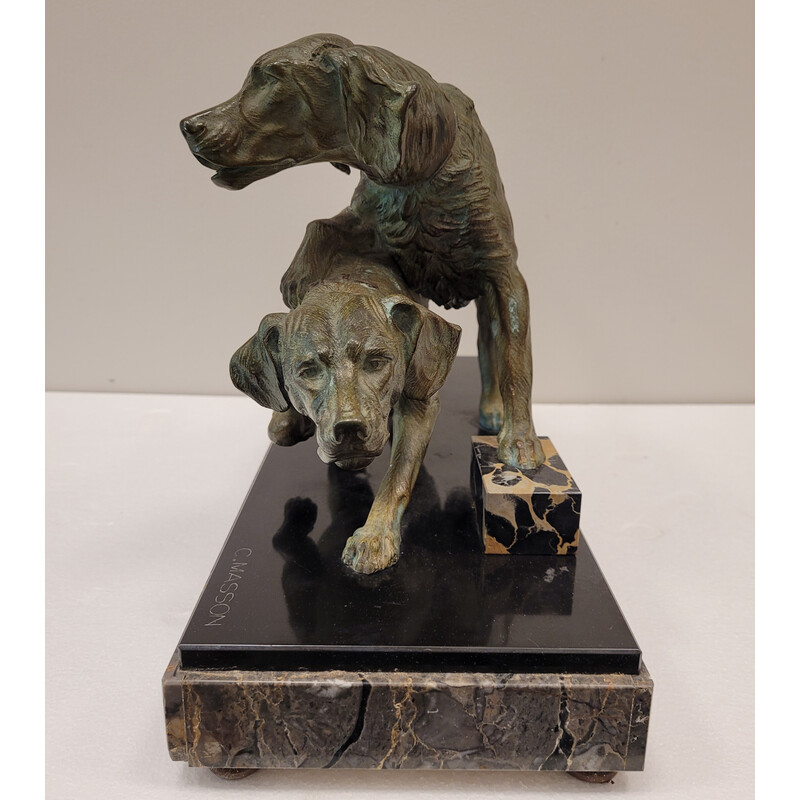 Vintage sculpture representing 2 dogs in bronze and marble by Clovis Edmond Massonn, France 1930