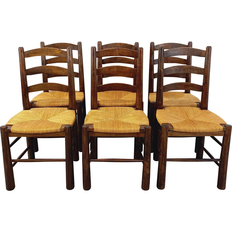 Set of 6 vintage wooden and straw chairs by Georges Robert, 1960