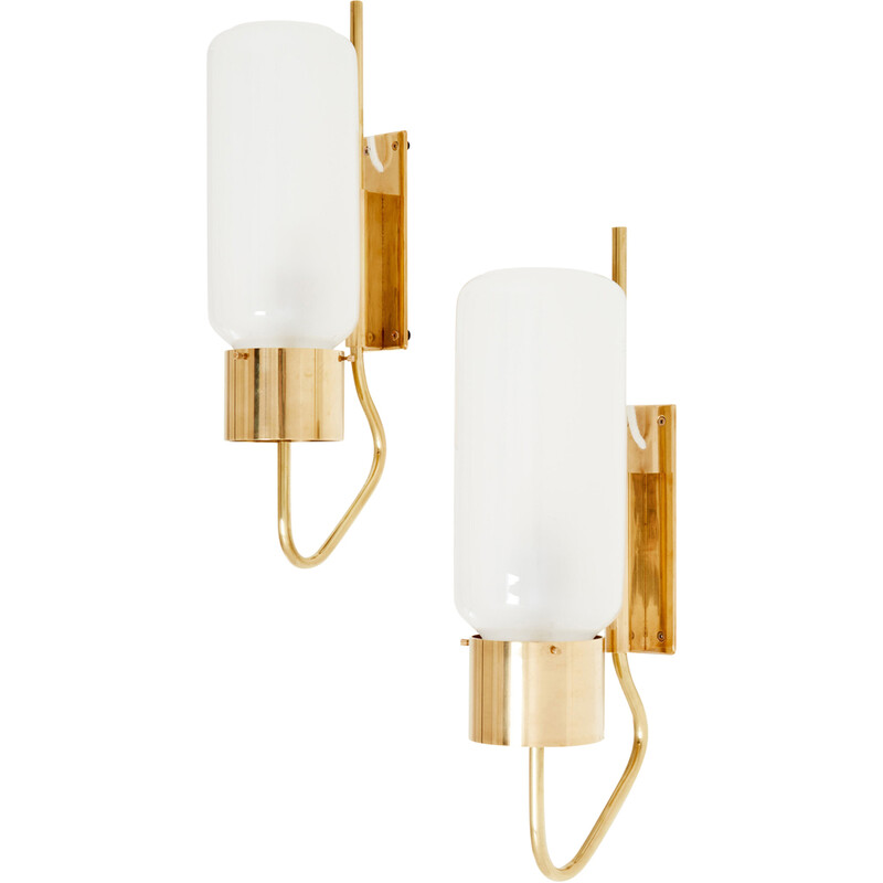 Pair of vintage Lp 10 sconces in brass and opaline glass by Luigi Caccia Dominioni for Azucena Editor, 1970
