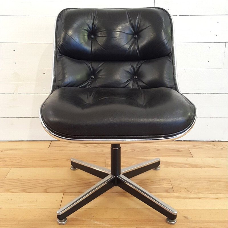 Black leather armchair by Charles Pollock for Knoll Interntional - 1970s