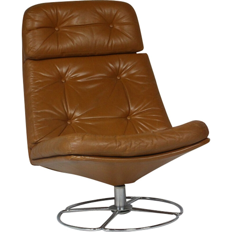 Pair of light brown leather lounge chairs - 1970s