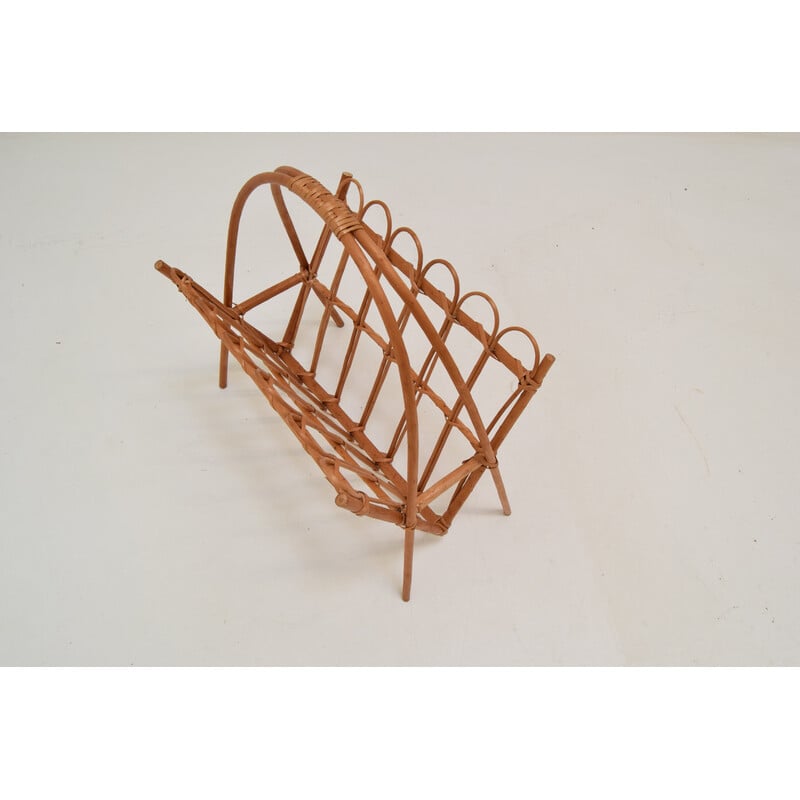 Vintage rattan and bamboo magazine rack, Czechoslovakia 1970