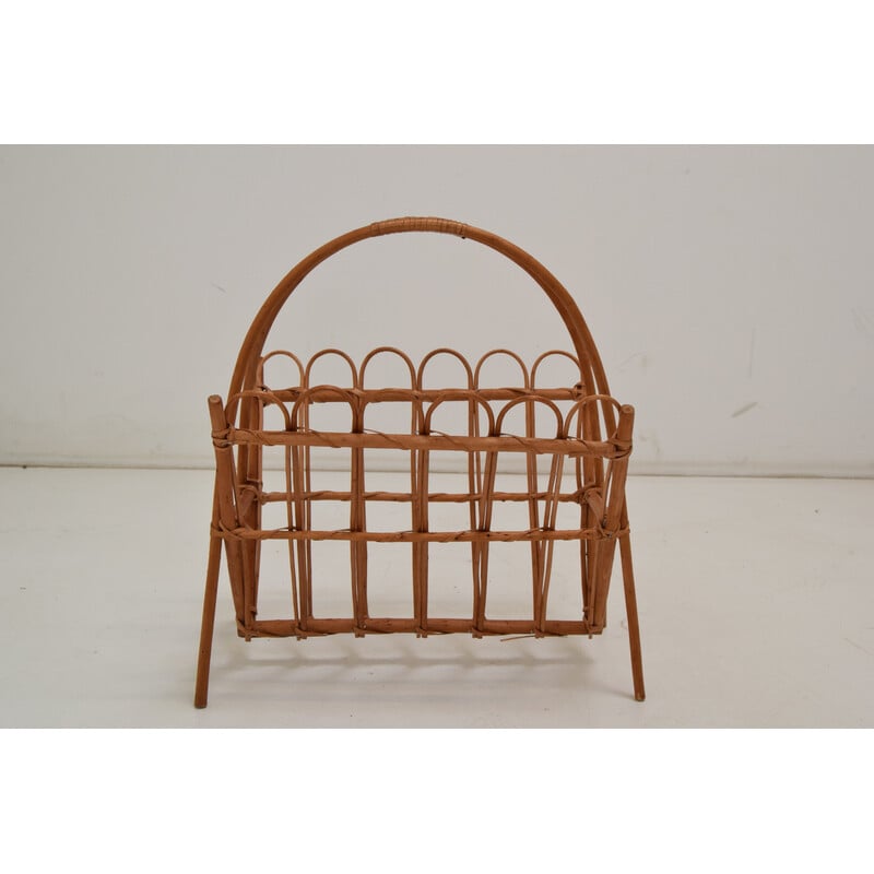 Vintage rattan and bamboo magazine rack, Czechoslovakia 1970