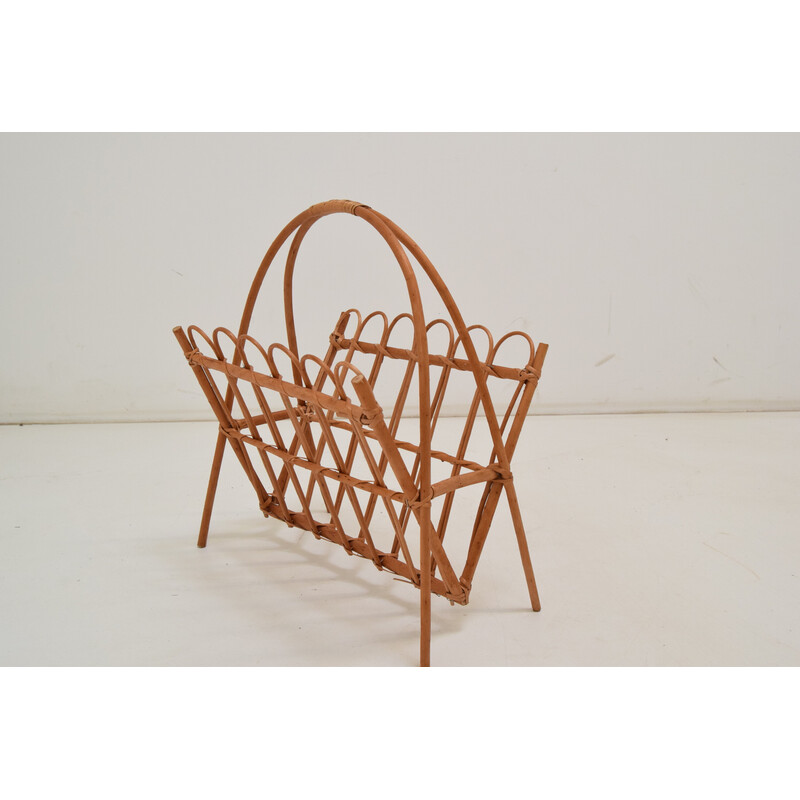 Vintage rattan and bamboo magazine rack, Czechoslovakia 1970