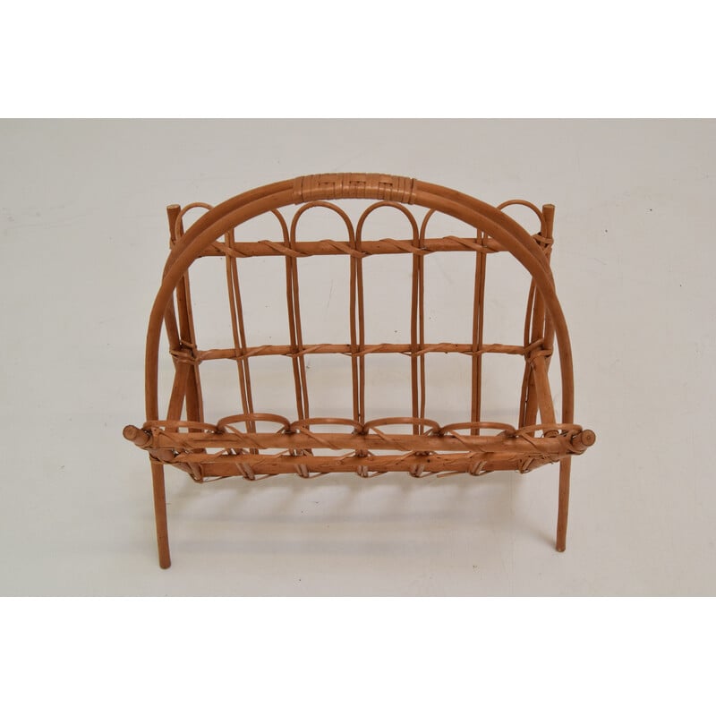 Vintage rattan and bamboo magazine rack, Czechoslovakia 1970