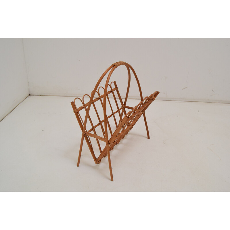 Vintage rattan and bamboo magazine rack, Czechoslovakia 1970