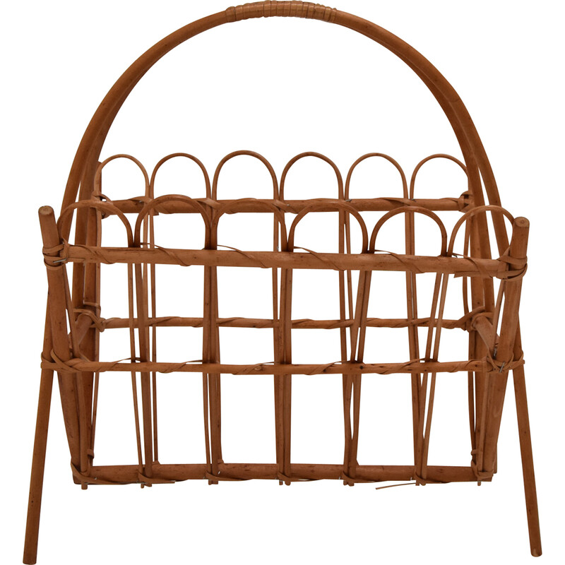 Vintage rattan and bamboo magazine rack, Czechoslovakia 1970