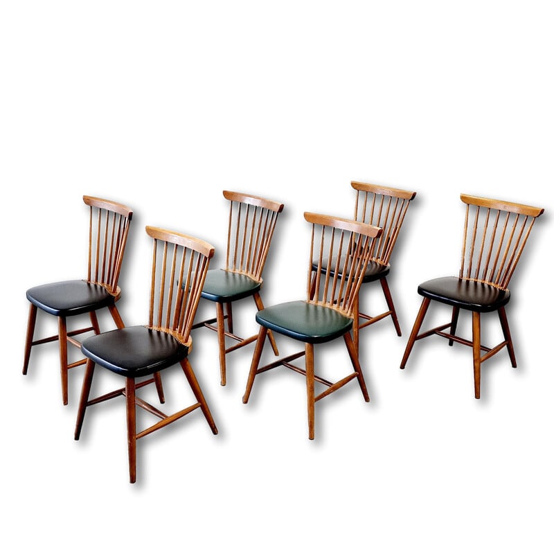 Lot de 6 chaises vintage en bois et vinyle, 1960