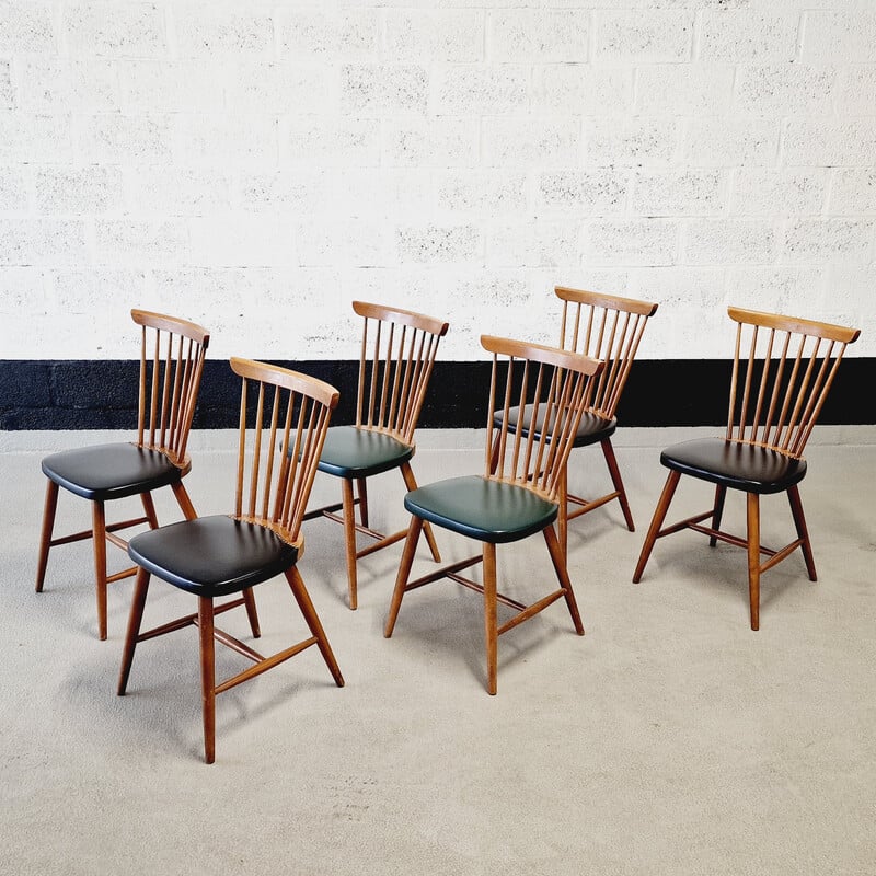 Lot de 6 chaises vintage en bois et vinyle, 1960