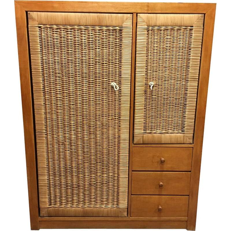 Scandinavian cabinet in oak and wicker - 1950s