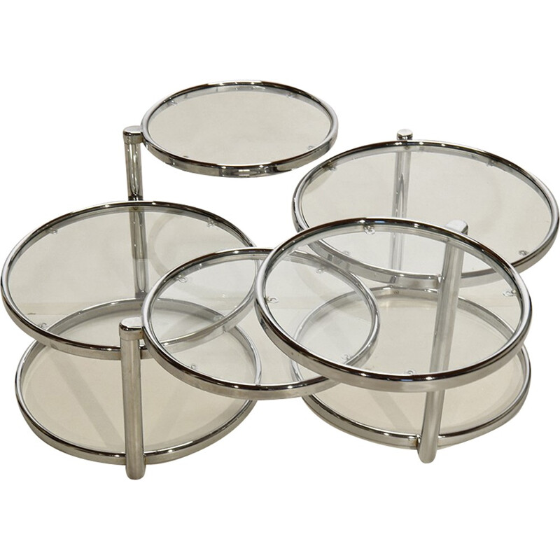 Ensemble de 2 tables basses rondes en chrome et en verre - 1980