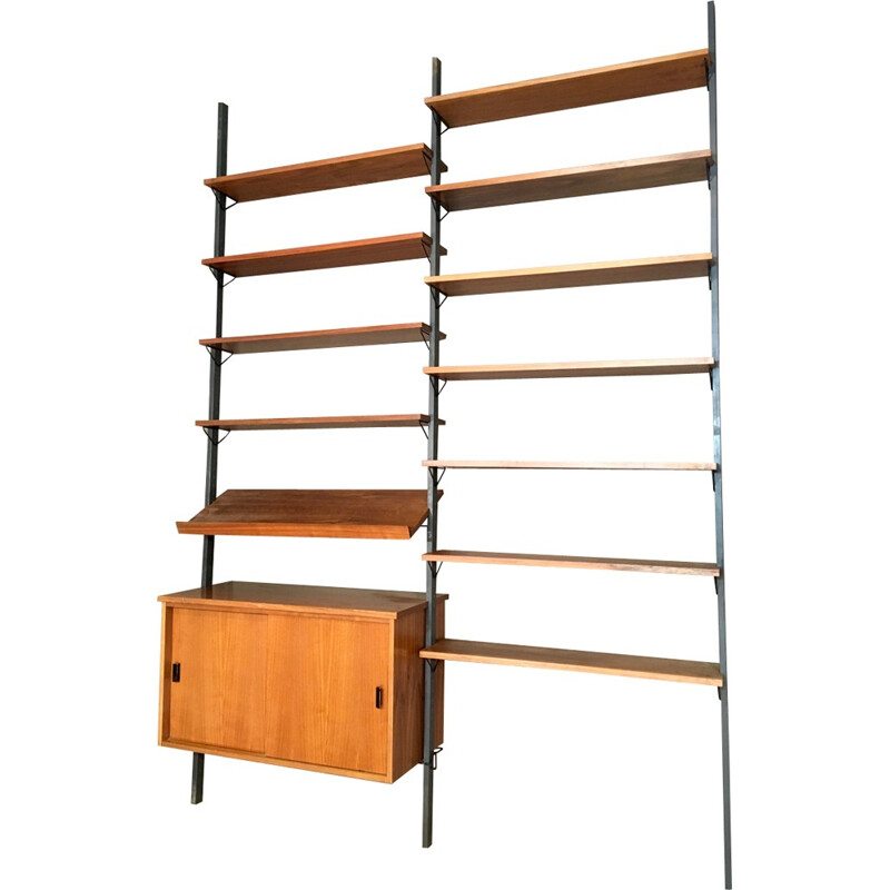 Teak and metal modular shelving system with 11 shelves - 1950s