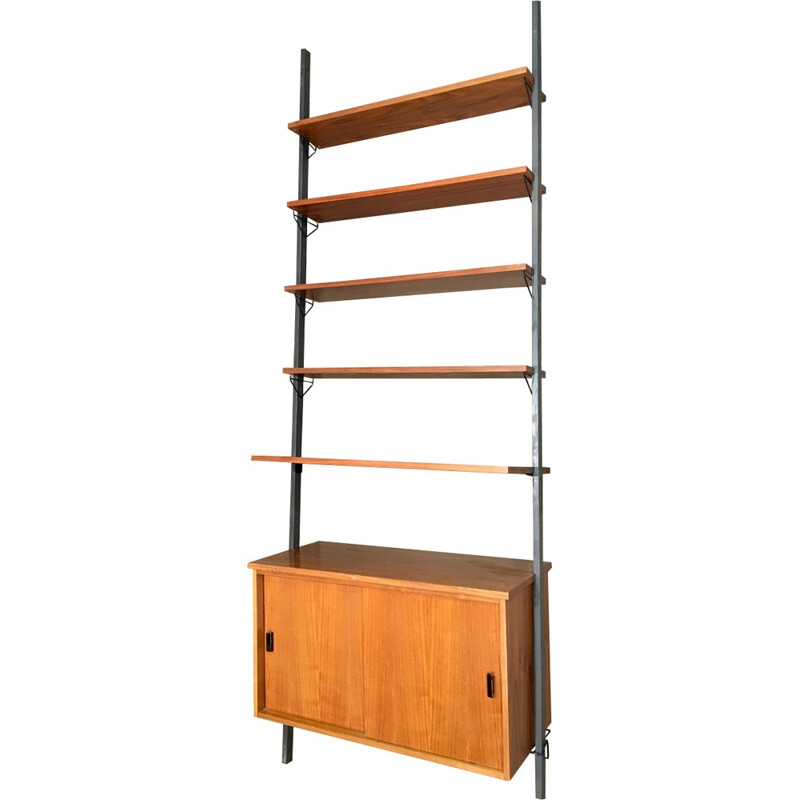 Teak and metal modular shelving unit with 5 shelves - 1950s