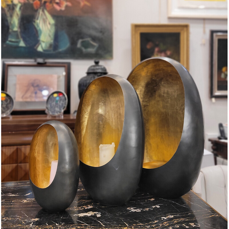 Set of 3 Vintage Lanterns in Gold and Polychromed Brass, France